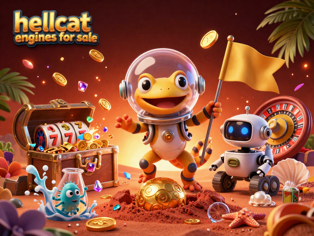Cheerful alien bacteria celebrate near hellcat engines for sale casino with vibrant gaming elements.
