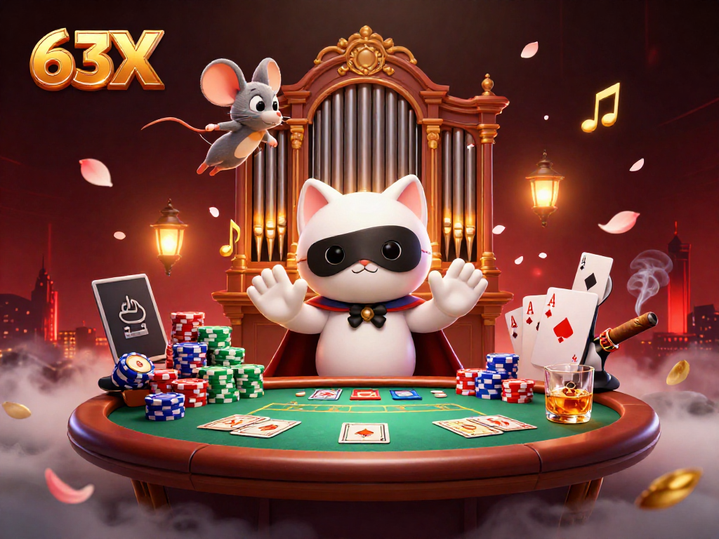 63X provoca ação intensa em cassino, com gato fantasma e muitos fichas coloridas.