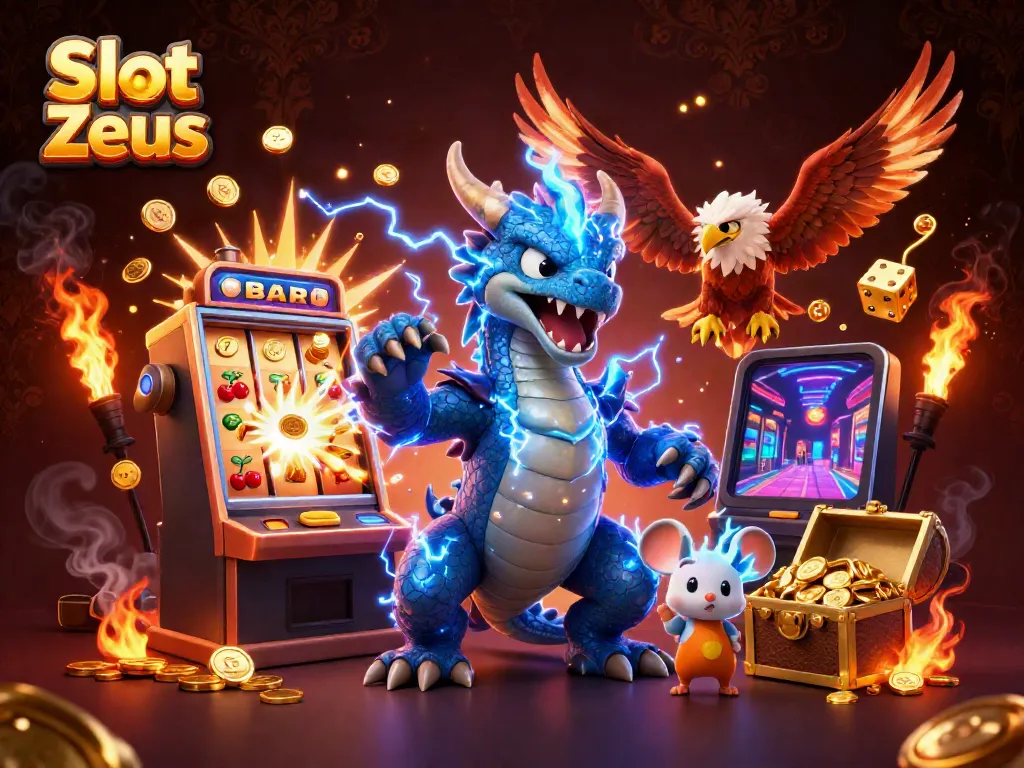 Menggoda pemain dengan Slot Zeus, ilustrasi kasino yang kaya dengan karakter dan elemen permainan.