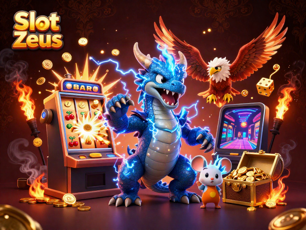 Menggoda pemain dengan Slot Zeus, ilustrasi kasino yang kaya dengan karakter dan elemen permainan.