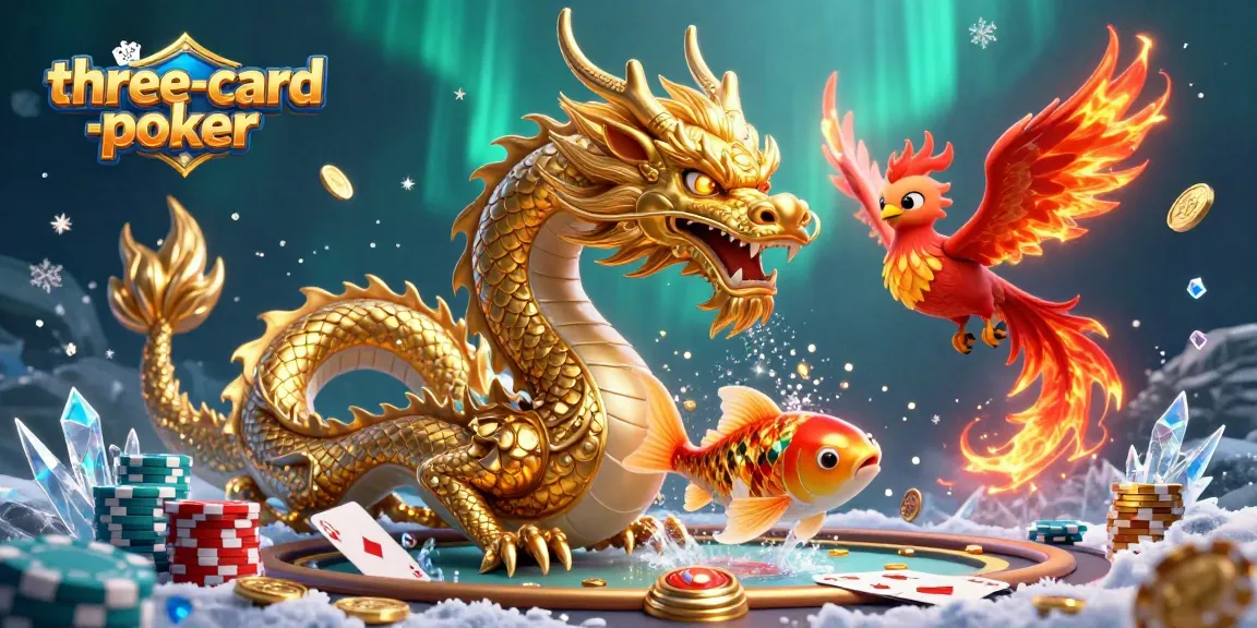 Play three-card-poker with high stakes at a vibrant casino featuring a dragon and koi fish.