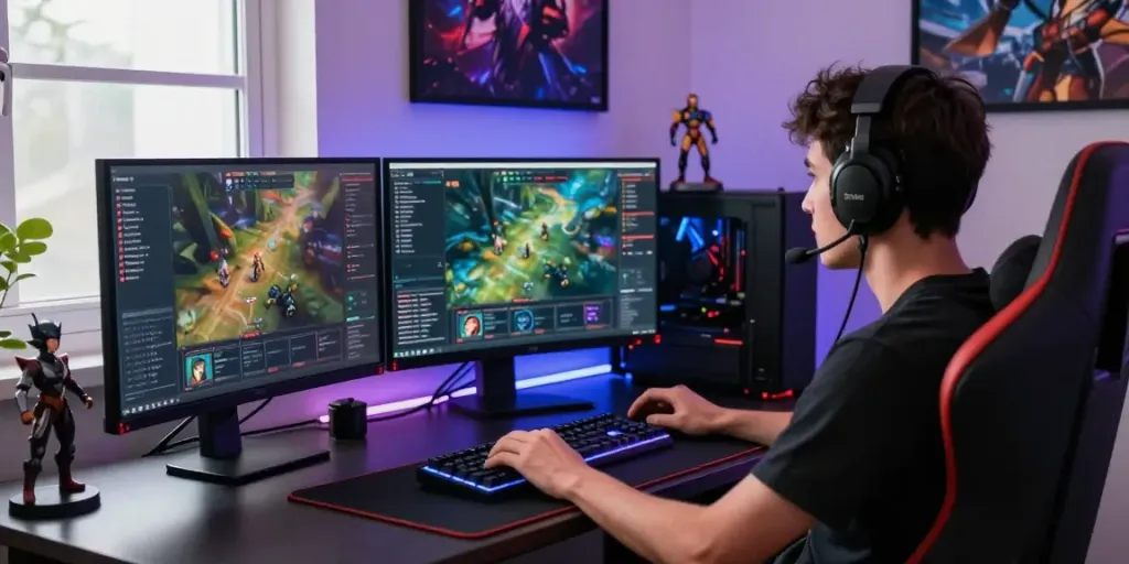 Focused gamer at a modern gaming desk showcasing immersive gaming setup, including monitors and gaming accessories, at https://plustoto4dbigwin.uk.com