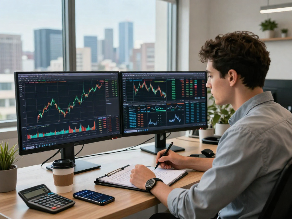 Trader using TradingView for financial analysis in a modern workspace
