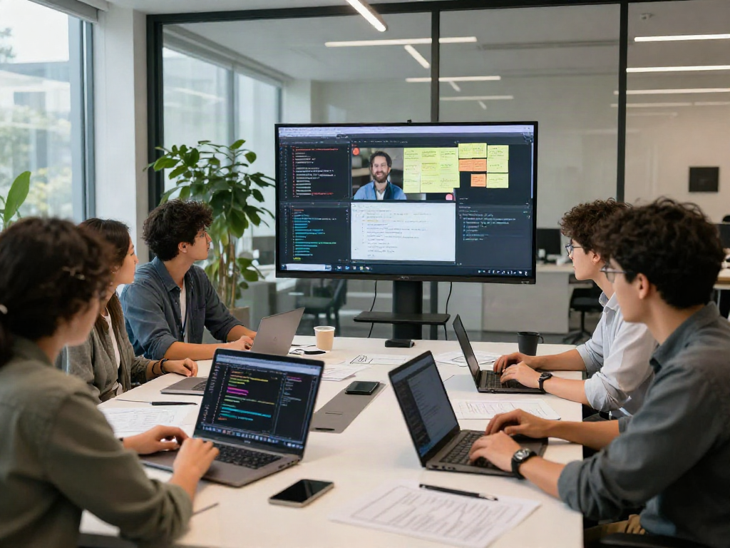 Team of software developers collaborating on crushon project in a modern workspace filled with bright natural light.