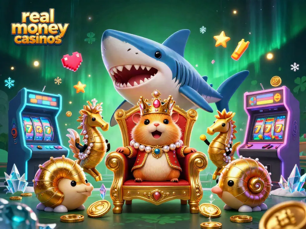 Experience the excitement of real money casinos with a vibrant 3D scene featuring gaming elements and enchanting characters.