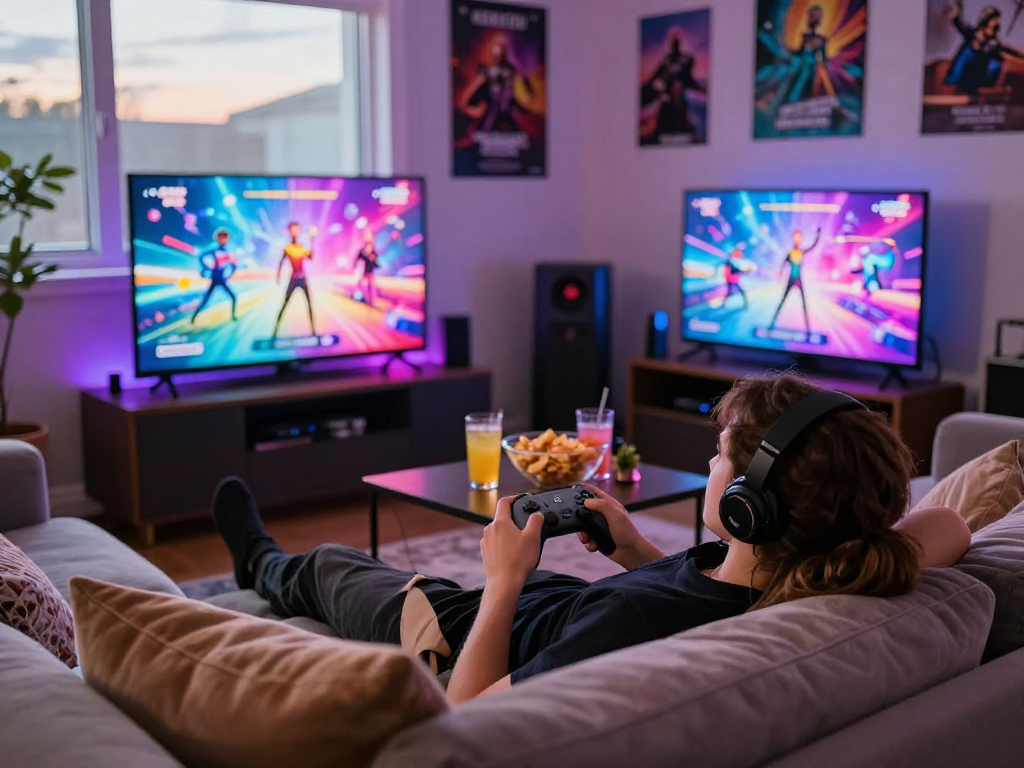 Person enjoying sex games in a cozy living room setting with vibrant graphics.