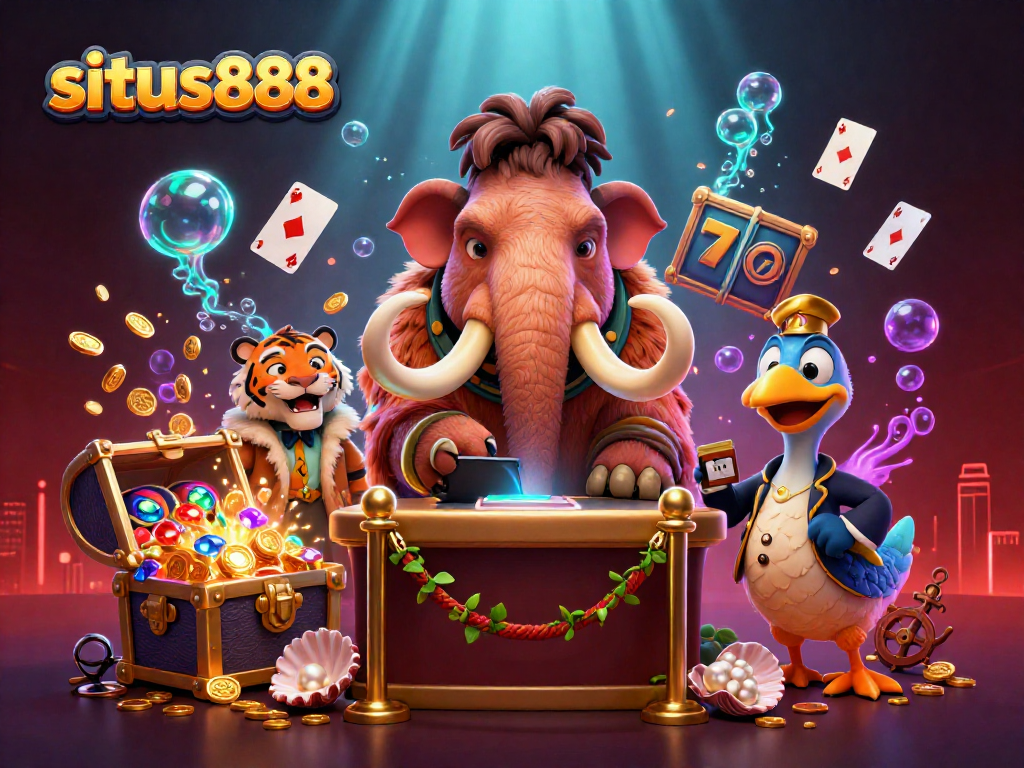 Engage with situs888's vibrant casino scene featuring a woolly mammoth bouncer, a saber-tooth tiger guest, and dynamic game elements.