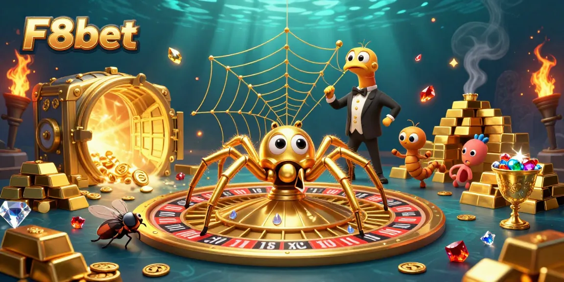 Experience F8bet with a golden spider spinning roulette webs and treasure elements.
