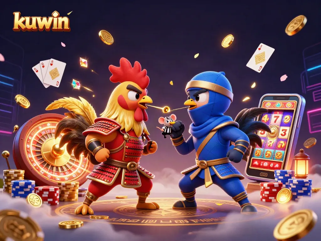 Bet on kuwin showdowns with vibrant roosters in epic gambling standoff amidst golden coins and gems