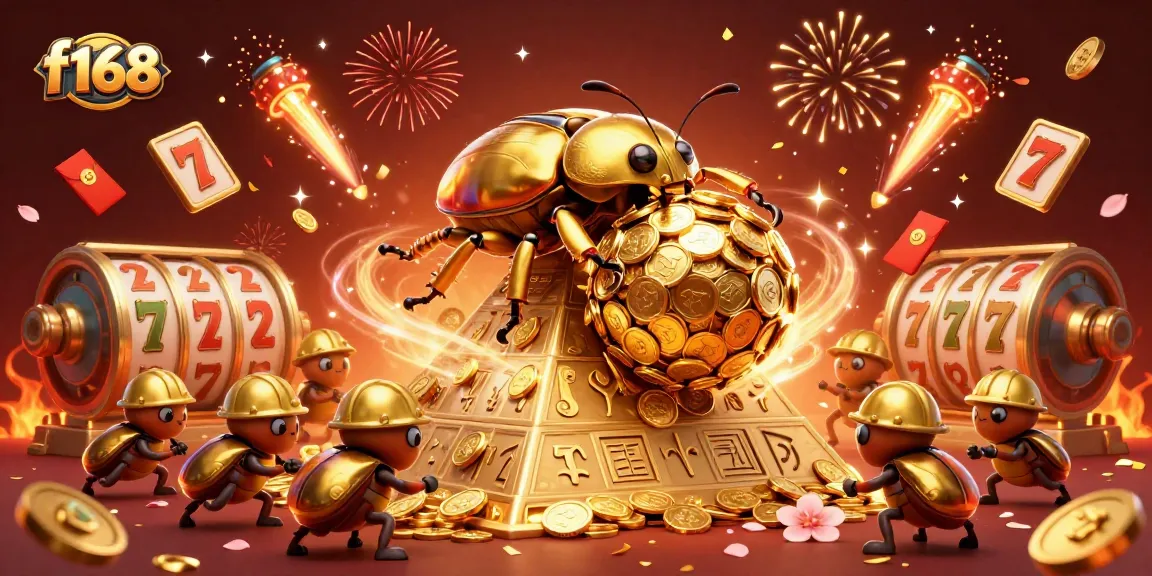 Join the excitement at f168 with a vibrant illustration of a golden beetle rolling in casino riches.