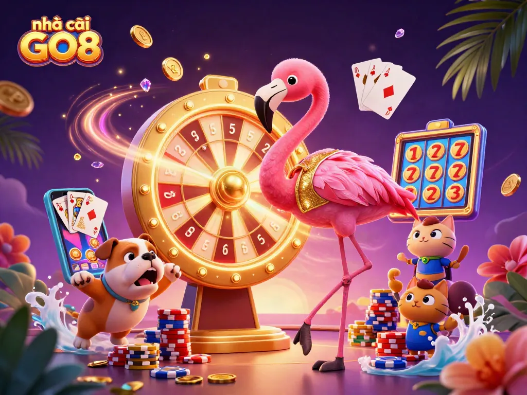 nhà cái GO8 brings excitement with a game show host and vibrant casino elements in a thrilling gambling scene.