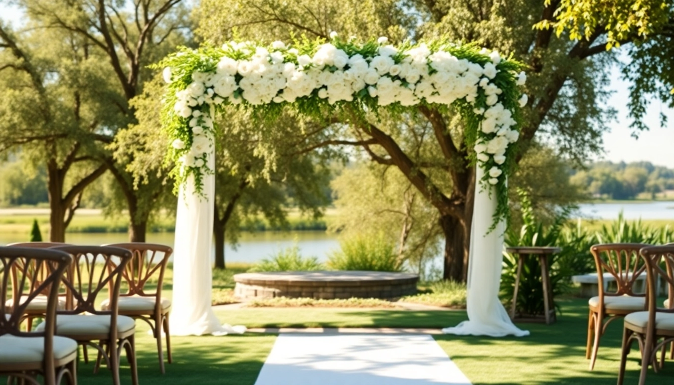 Elegant outdoor wedding venue Sacramento Delta with floral decor and natural scenery.