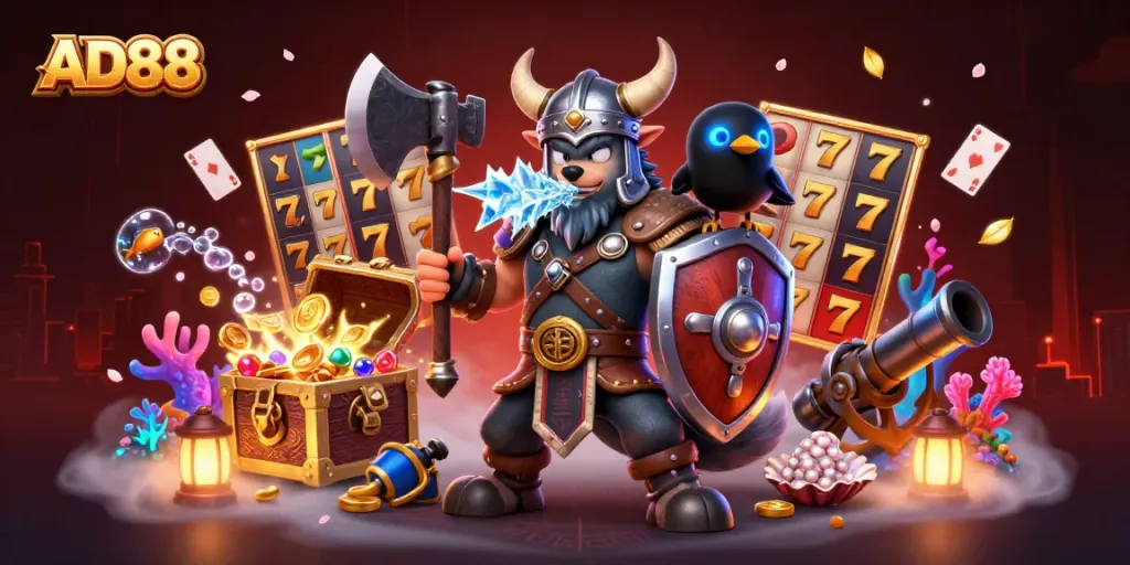 Engage in thrilling casino adventures with AD88, featuring a Viking wolf warrior, a dragon, and slot game elements.