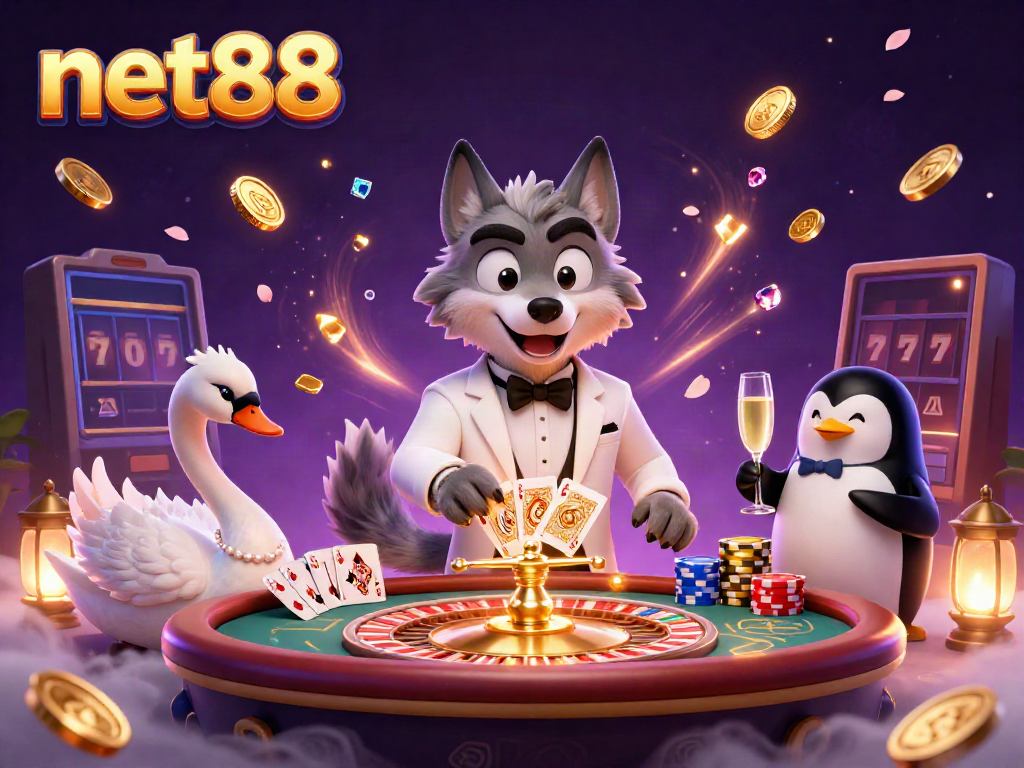 Engage in casino excitement with net88 featuring a debonair wolf, elegant swan, and sophisticated penguin around a baccarat table.