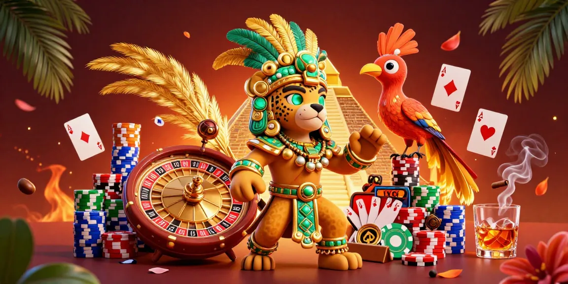 Experience thrilling online roulette games with an energetic Mayan casino scene featuring vibrant roulette wheels.