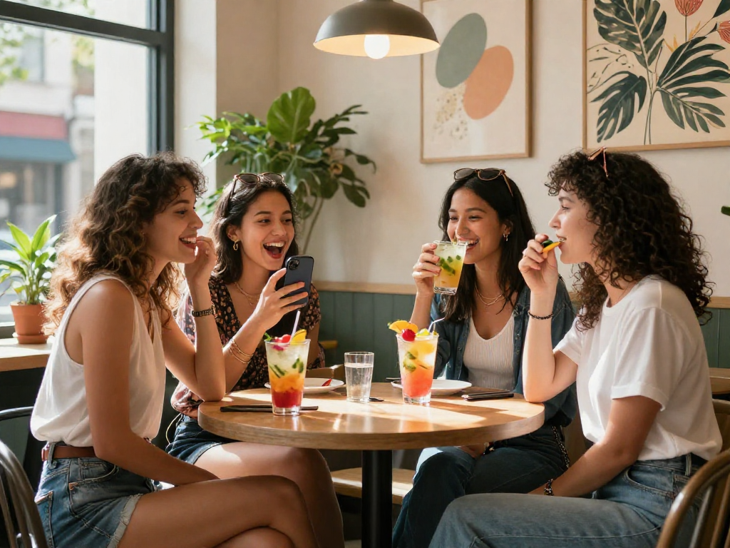 Các cô gái gọi vui vẻ bên nhau tại quán cà phê với trang phục thời trang hiện đại.