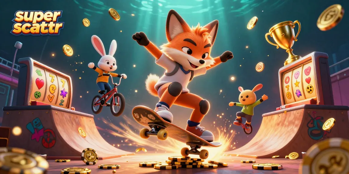 Experience the thrill of super scatter with dynamic slot reels and playful characters in this vibrant casino scene.