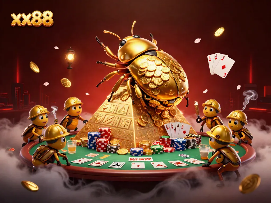 Experience dynamic casino action with xx88 as a golden beetle rolls coins in a vibrant illustration.