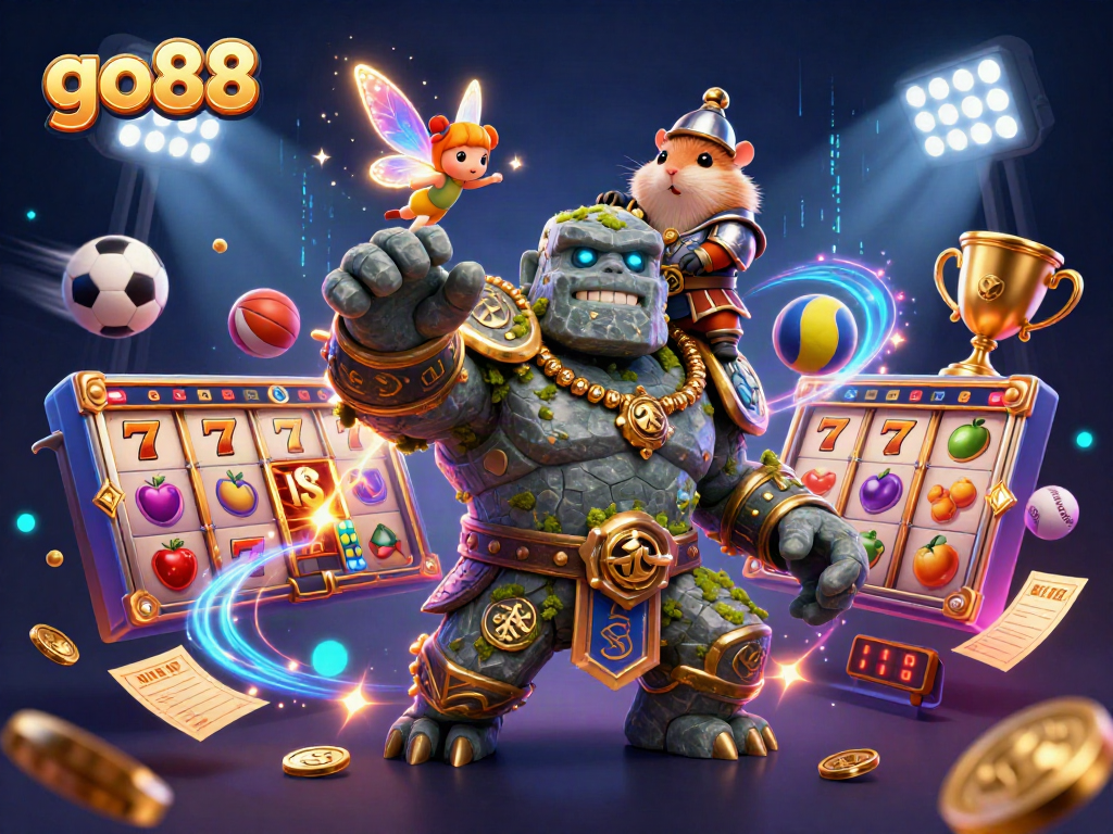 Go88 offers an exciting gaming experience with vibrant slot reels, lucky symbols, and colorful characters.