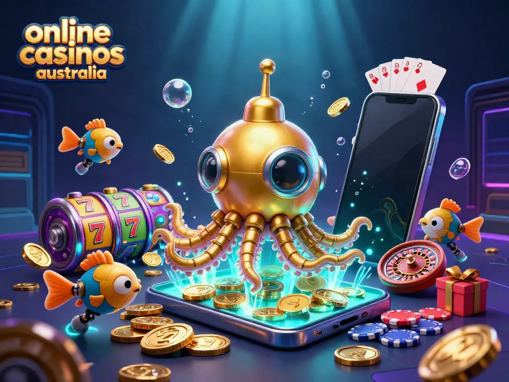 Showcase online casinos Australia with kraken submarine, slot games, and golden coins.