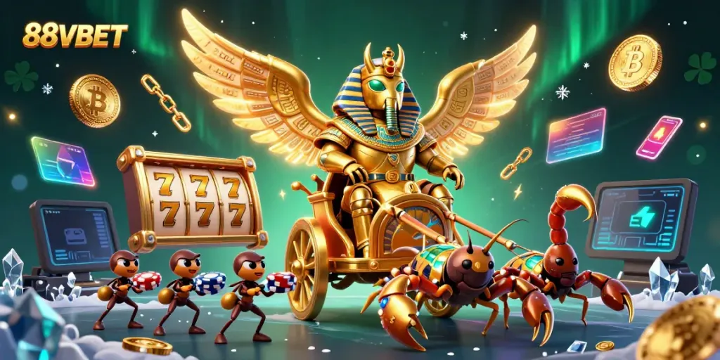 Experience the thrilling world of 88VBET with a vibrant 3D scene featuring a golden beetle and slot themes.