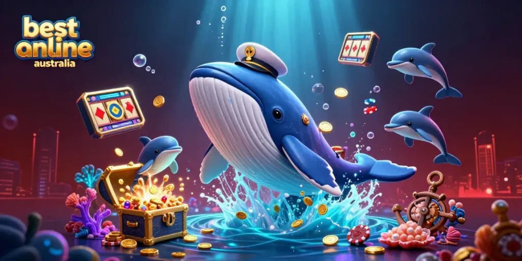 Experience the best online casinos Australia with a whale captain amidst gold coins and vibrant gambling elements.