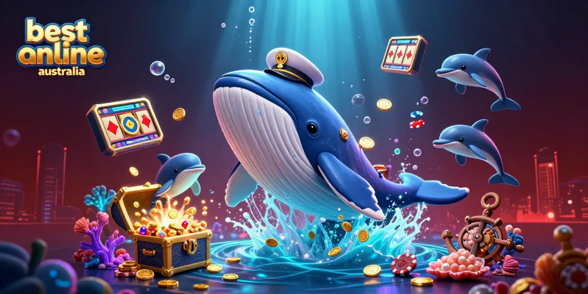 Experience the best online casinos Australia with a whale captain amidst gold coins and vibrant gambling elements.