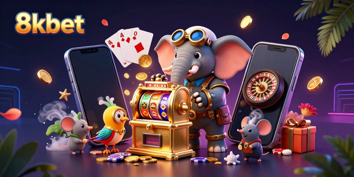 Play vibrant slot games at 8xbet with a steampunk elephant operating a golden slot machine, surrounded by game elements.