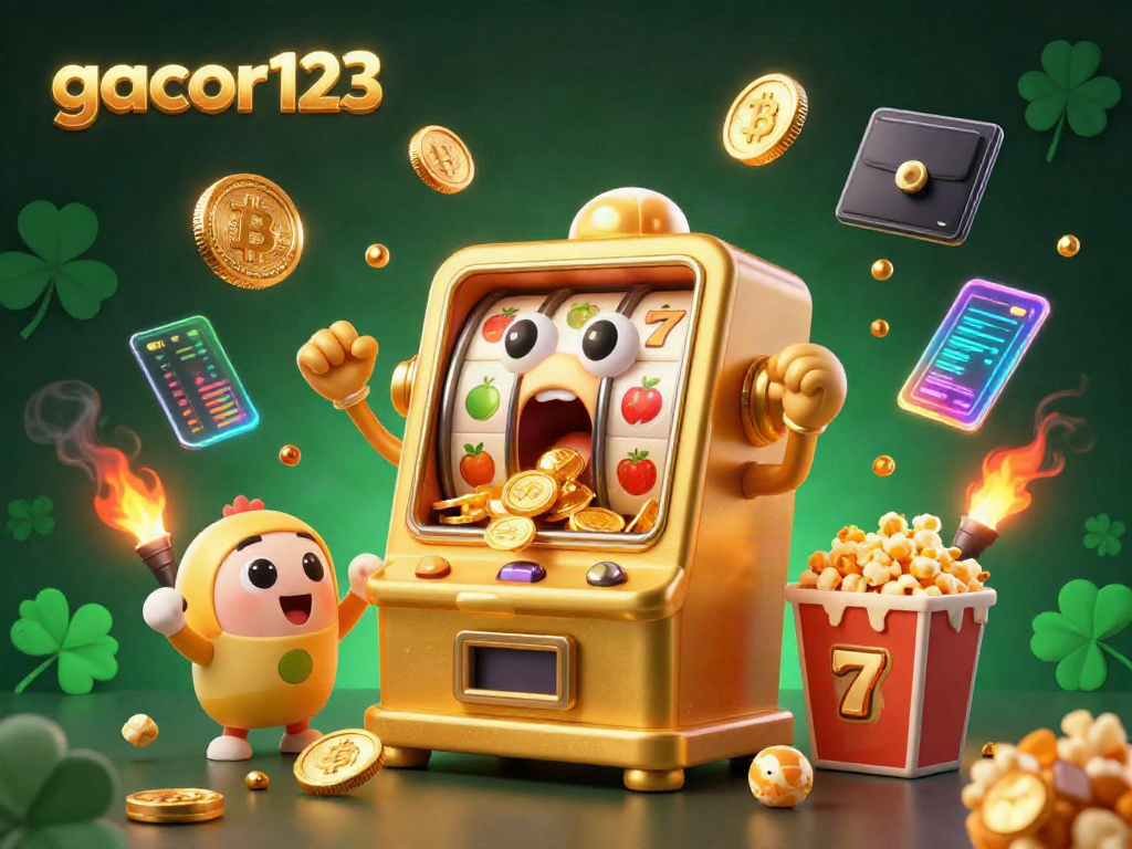 Experience the thrill of gacor123 with a golden slot machine hitting the jackpot amid cheers and crypto elements.